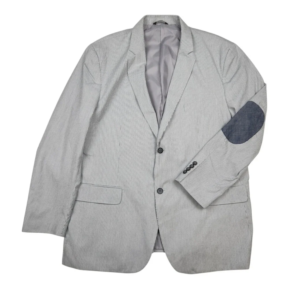 Tasso Elba Seersucker Elbow Patches Blazer Jacket Sz XXL 50-52 White Blue Stripe